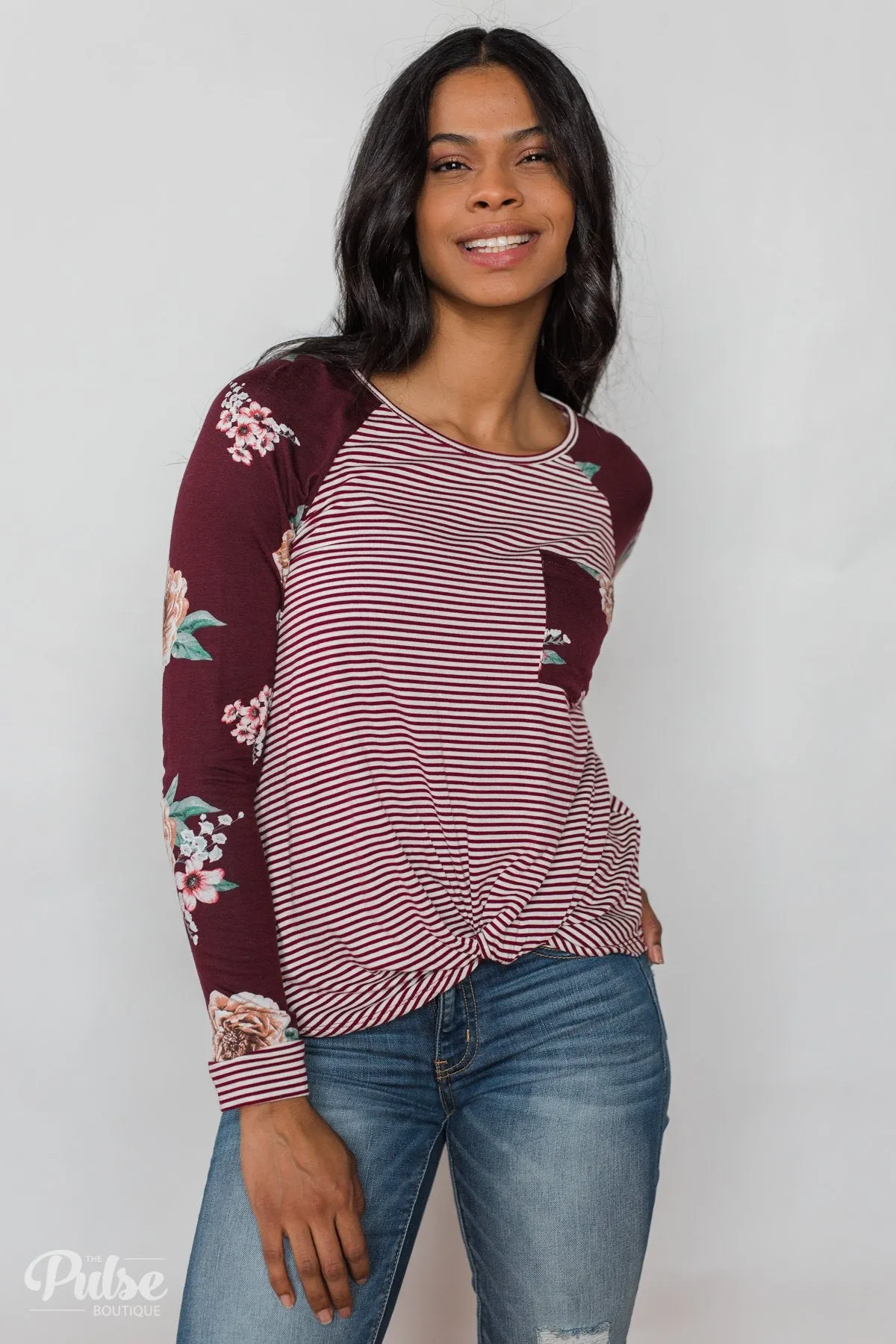 Look to You Floral & Striped Knot Top- Burgundy
