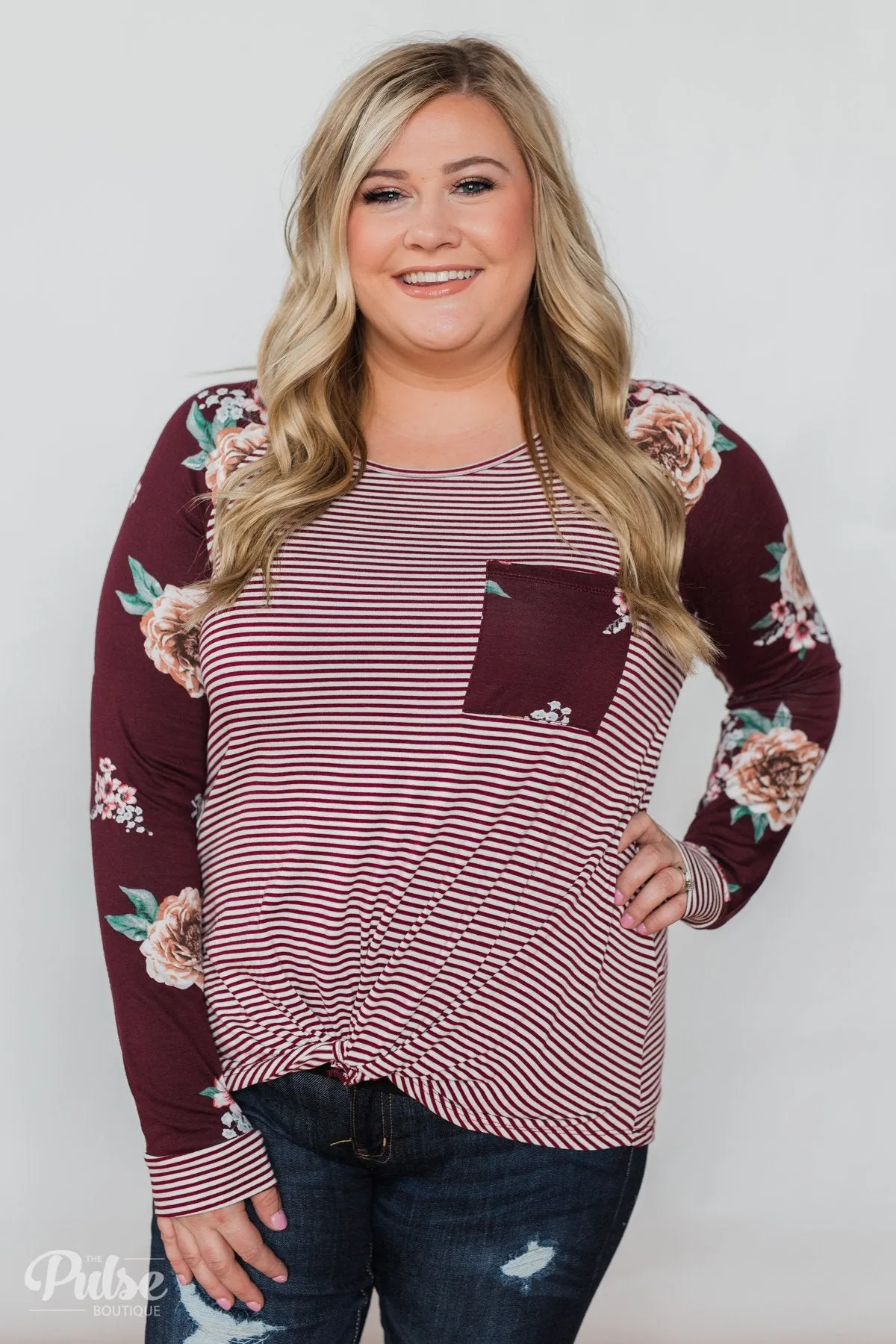 Look to You Floral & Striped Knot Top- Burgundy