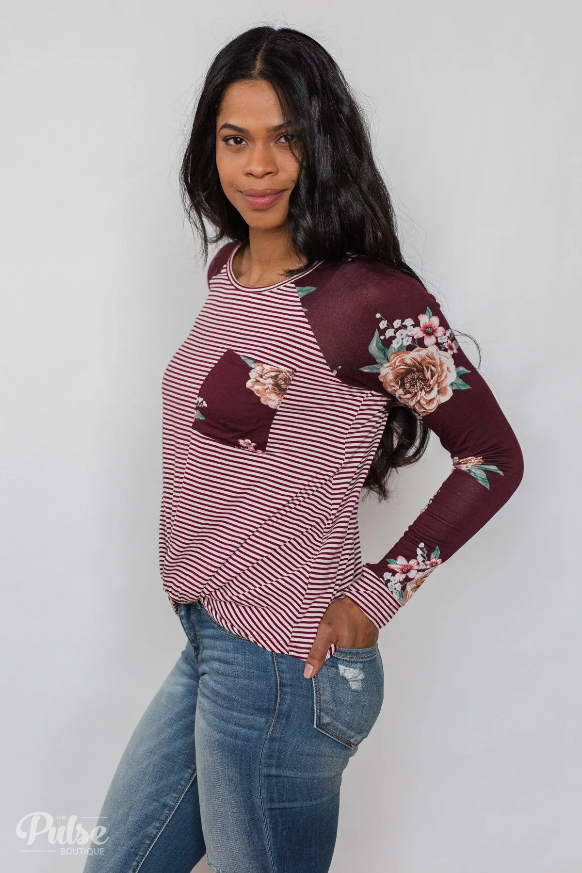 Look to You Floral & Striped Knot Top- Burgundy