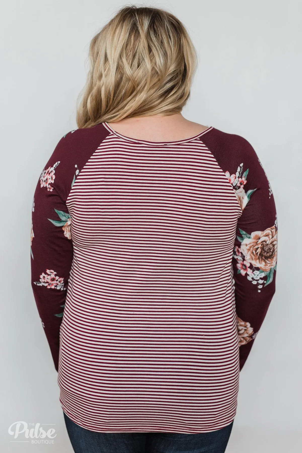 Look to You Floral & Striped Knot Top- Burgundy