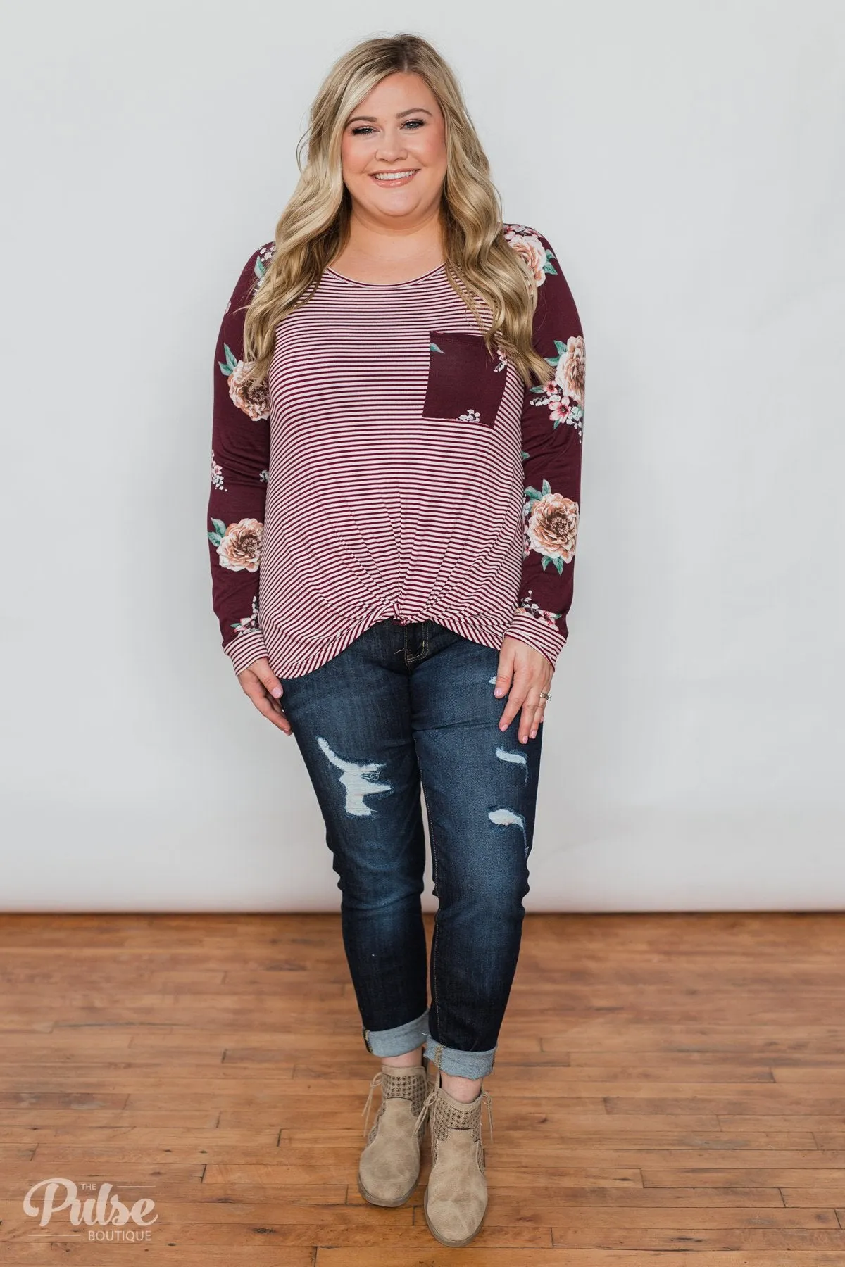 Look to You Floral & Striped Knot Top- Burgundy