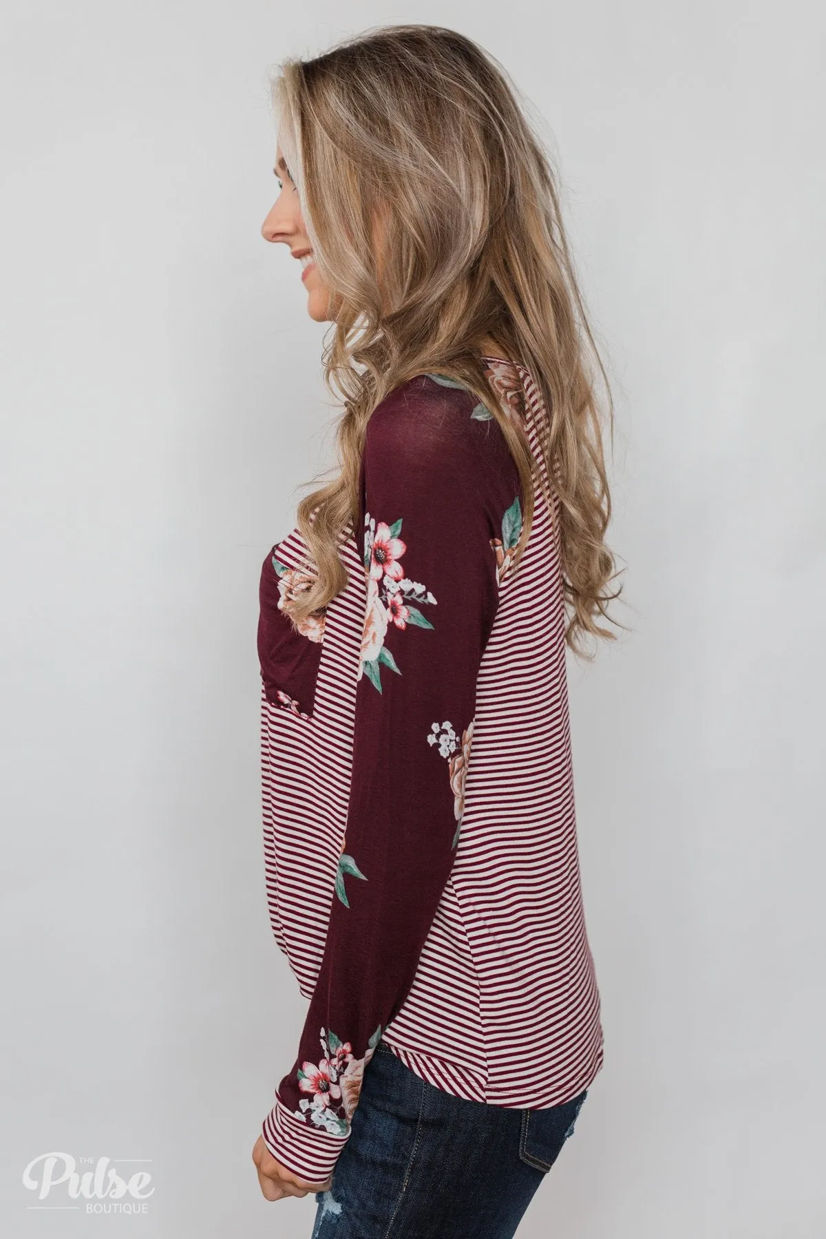 Look to You Floral & Striped Knot Top- Burgundy