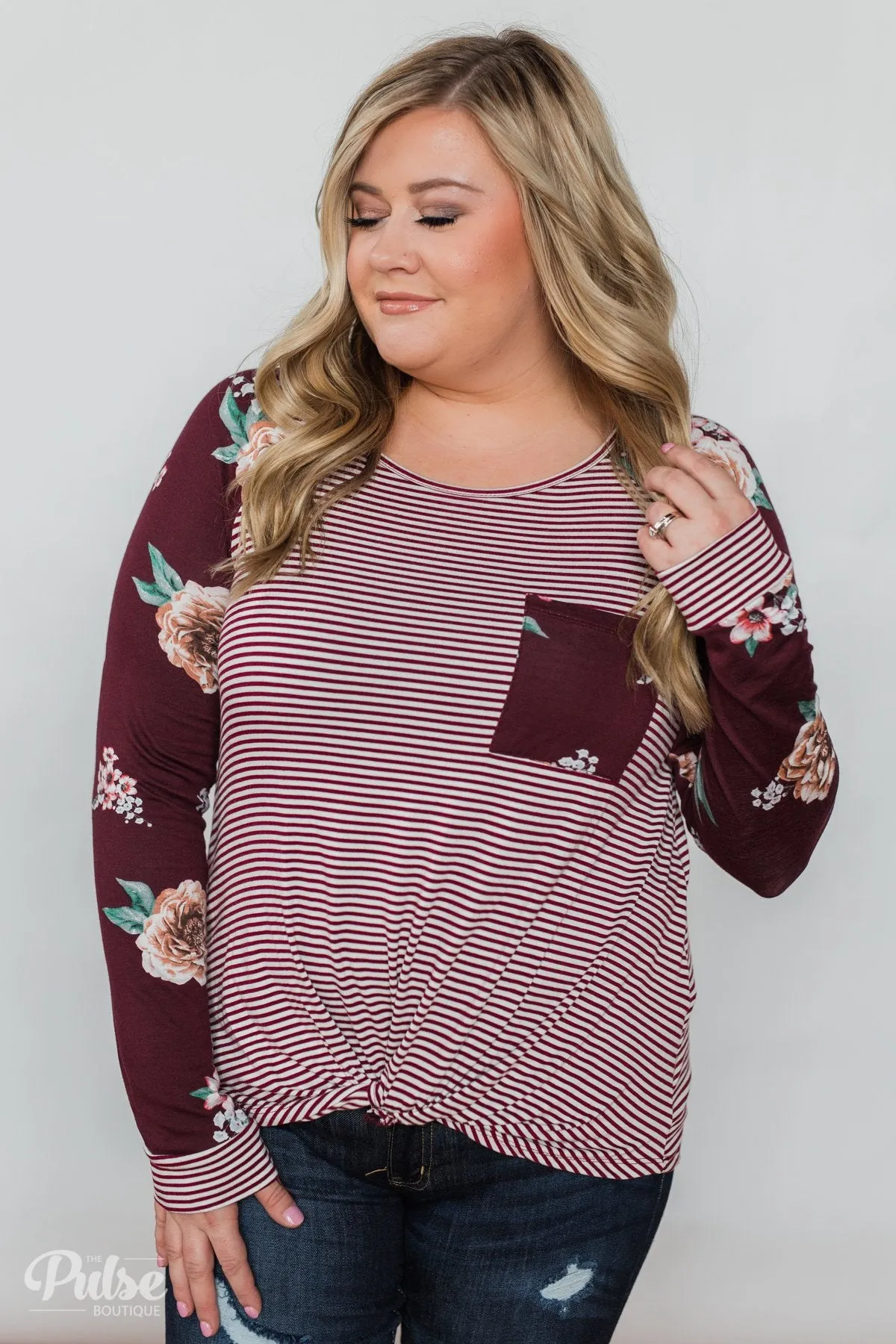 Look to You Floral & Striped Knot Top- Burgundy