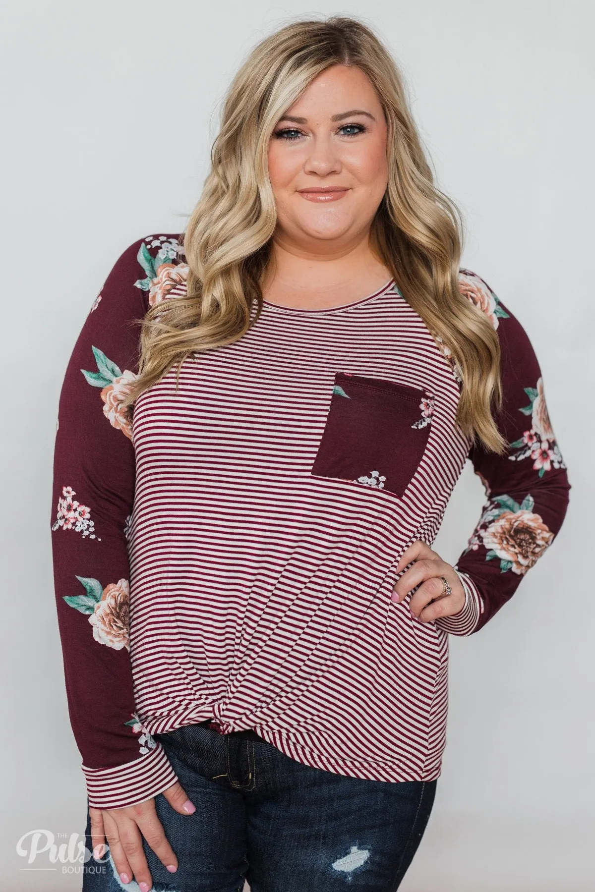 Look to You Floral & Striped Knot Top- Burgundy