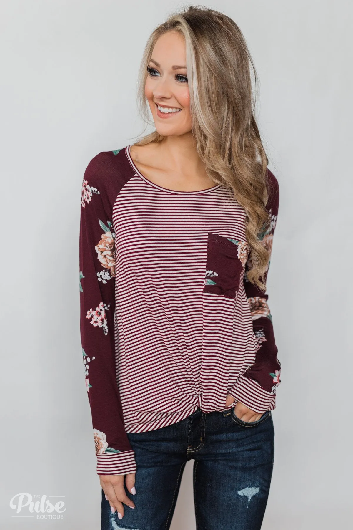 Look to You Floral & Striped Knot Top- Burgundy