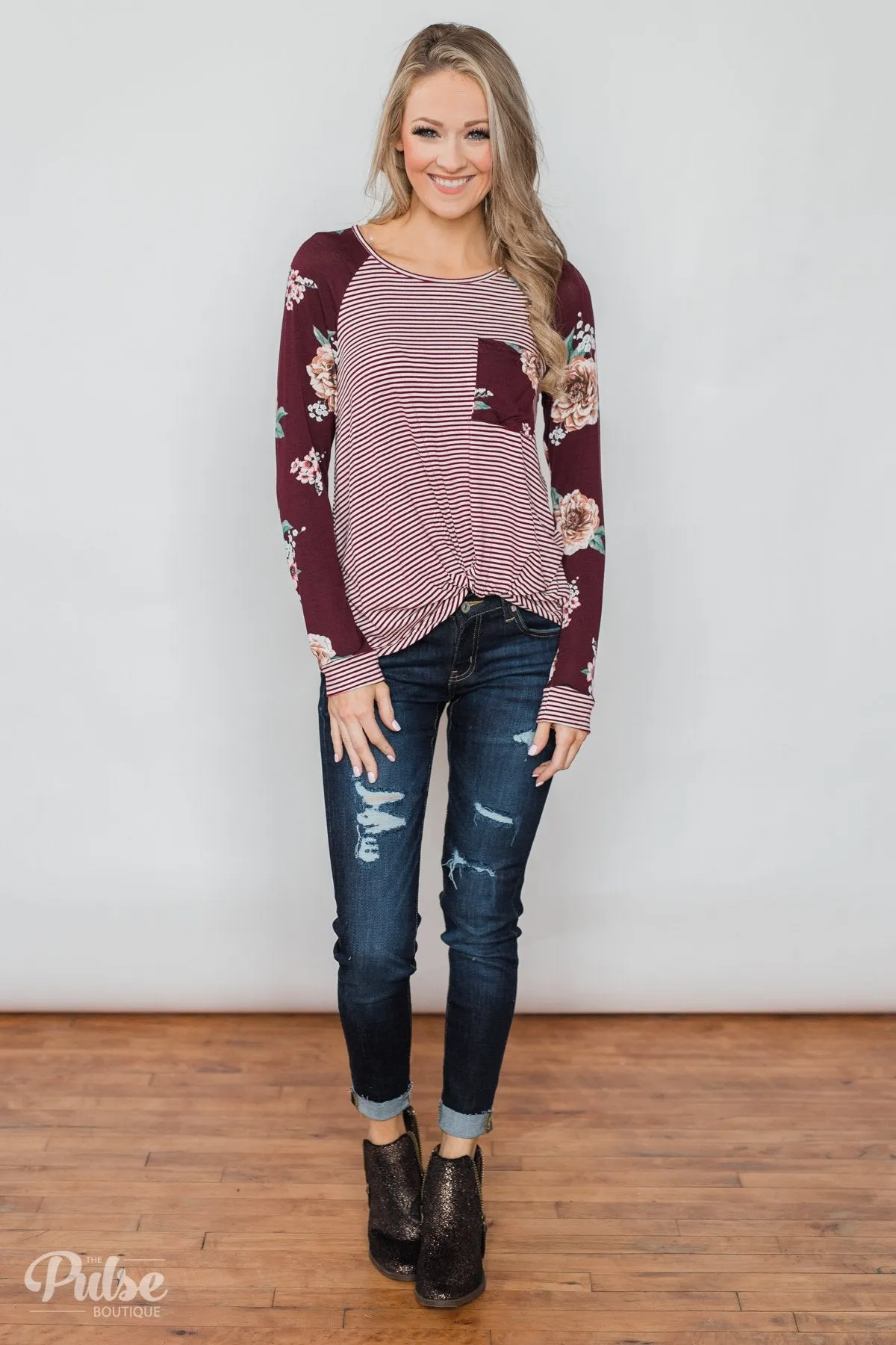 Look to You Floral & Striped Knot Top- Burgundy