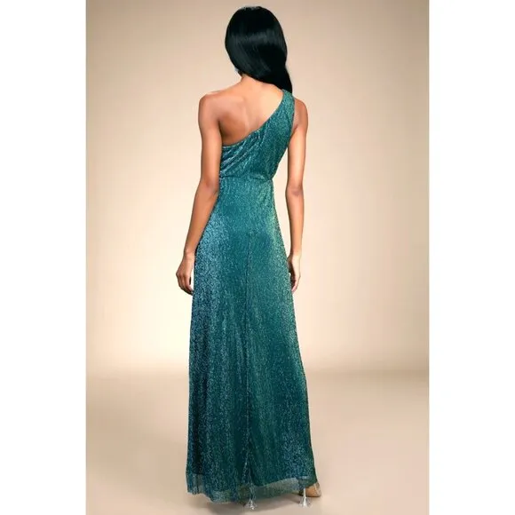Lulus Glamorous Glitz Shiny One-Shoulder Maxi Dress W/Knot Detail Teal Green S