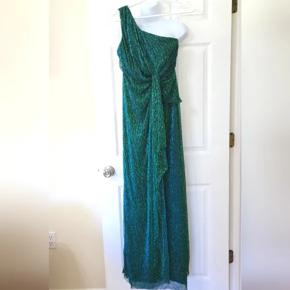 Lulus Glamorous Glitz Shiny One-Shoulder Maxi Dress W/Knot Detail Teal Green S
