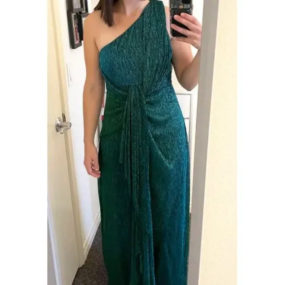 Lulus Glamorous Glitz Shiny One-Shoulder Maxi Dress W/Knot Detail Teal Green S