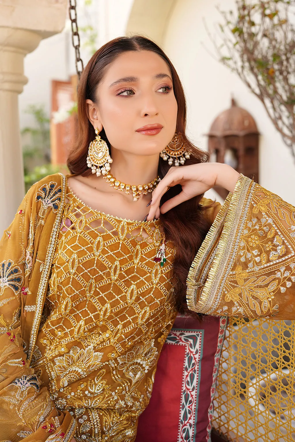Luxury Embroidered Pakistani Kameez Salwar Suit in Golden Yellow Shade