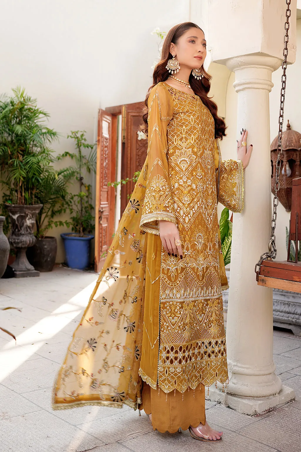 Luxury Embroidered Pakistani Kameez Salwar Suit in Golden Yellow Shade