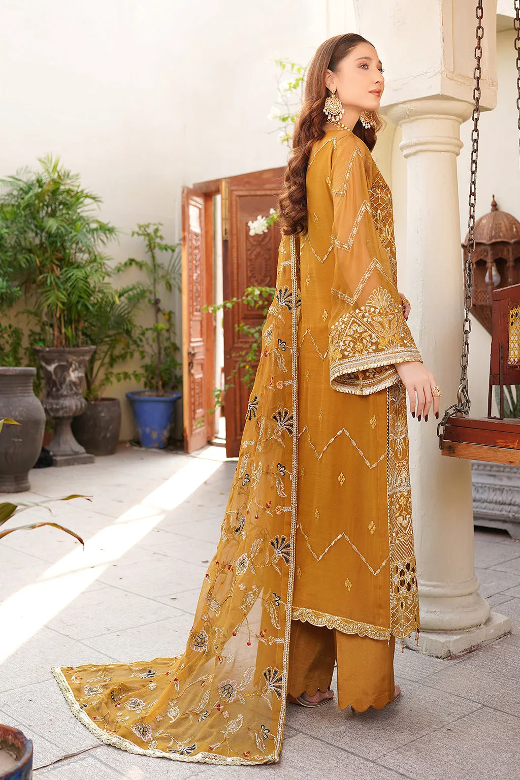 Luxury Embroidered Pakistani Kameez Salwar Suit in Golden Yellow Shade