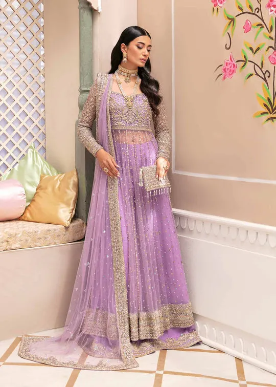 Luxury Lilac Embroidered Pakistani Wedding Dress in Pishwas Sharara Style