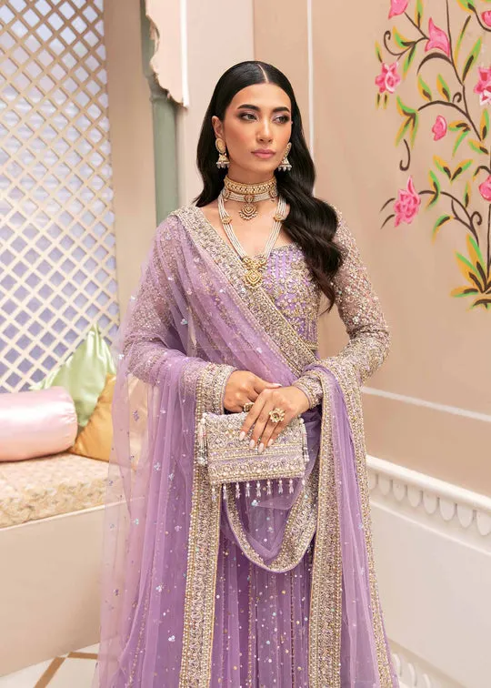 Luxury Lilac Embroidered Pakistani Wedding Dress in Pishwas Sharara Style