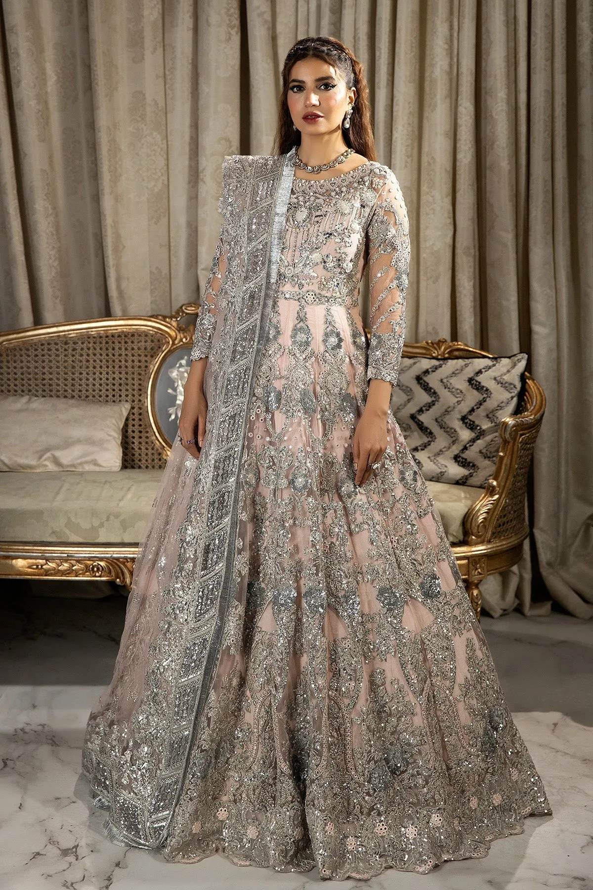 Luxury Pink Embroidered Pakistani Wedding Dress in Pishwas Frock Style