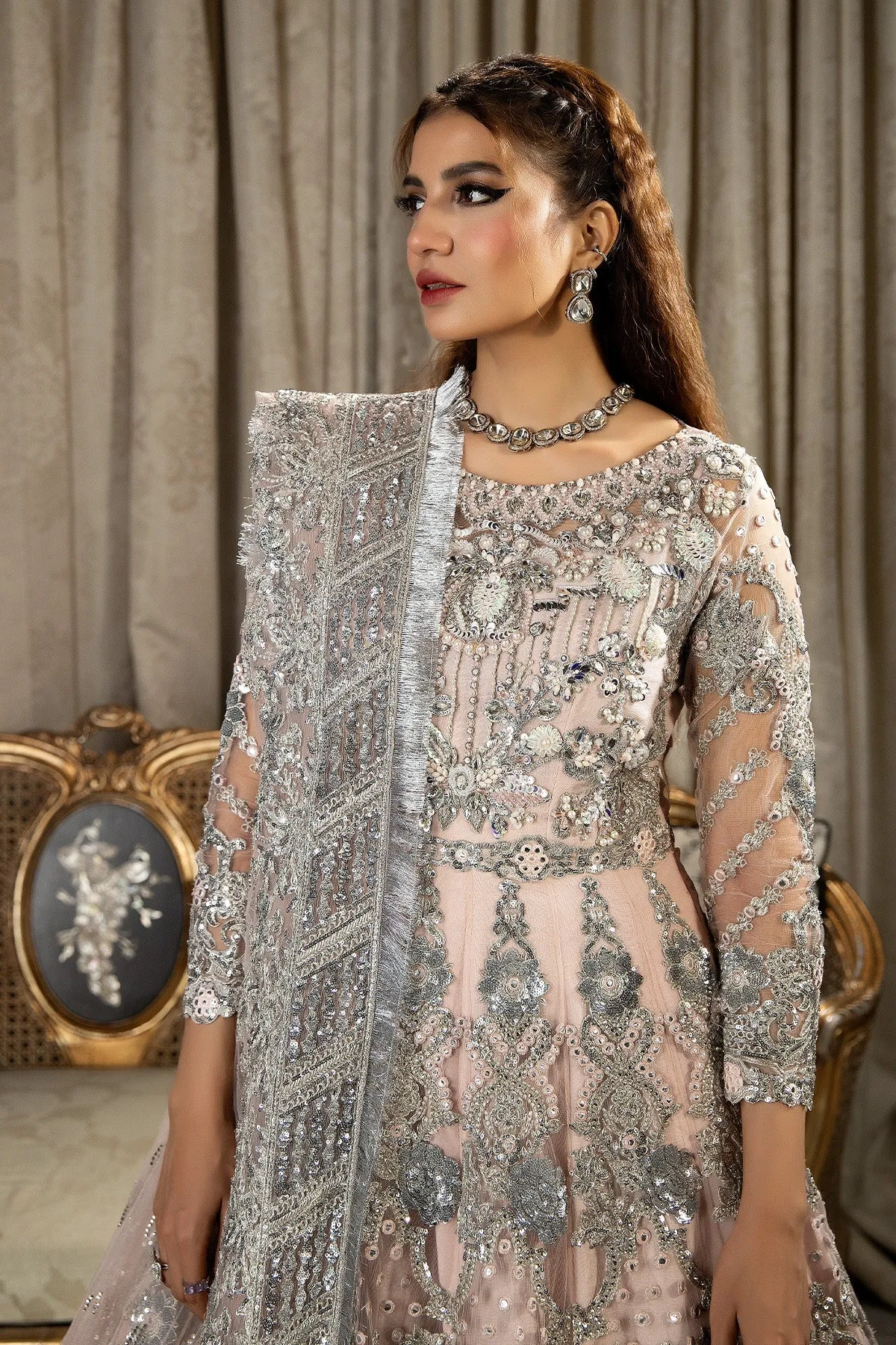 Luxury Pink Embroidered Pakistani Wedding Dress in Pishwas Frock Style