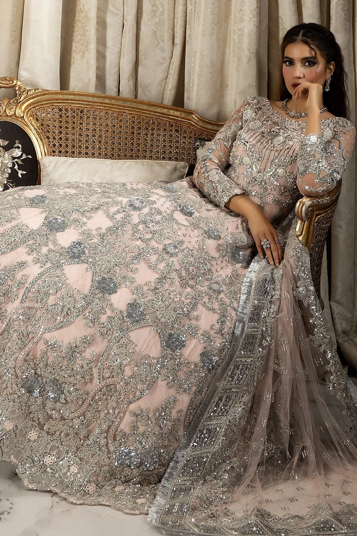 Luxury Pink Embroidered Pakistani Wedding Dress in Pishwas Frock Style