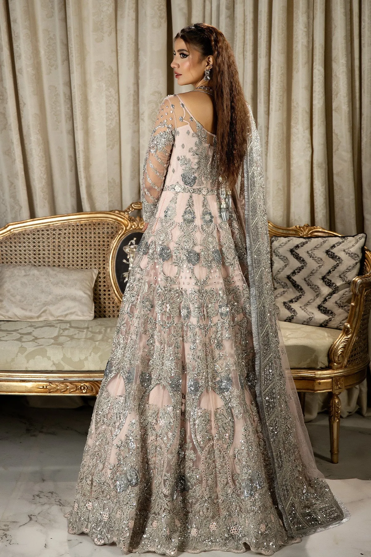 Luxury Pink Embroidered Pakistani Wedding Dress in Pishwas Frock Style