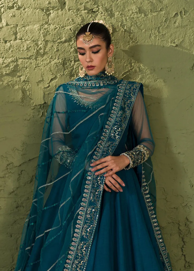 Luxury Teal Blue Pakistani Wedding Dress in Long Pishwas and Dupatta