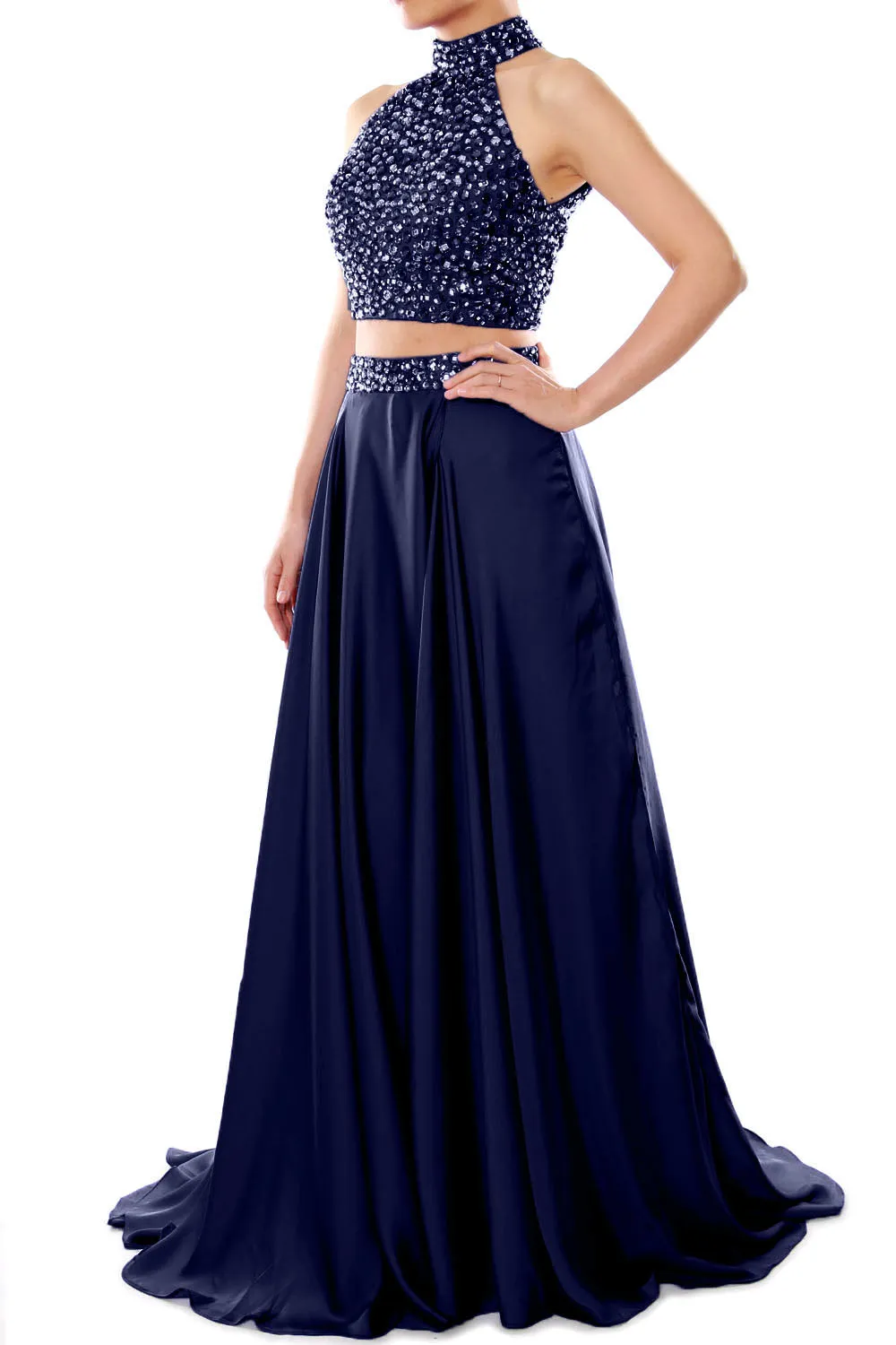 MACloth Women Two Piece Prom Dress High Neck Chiffon Long Formal Evening Gown