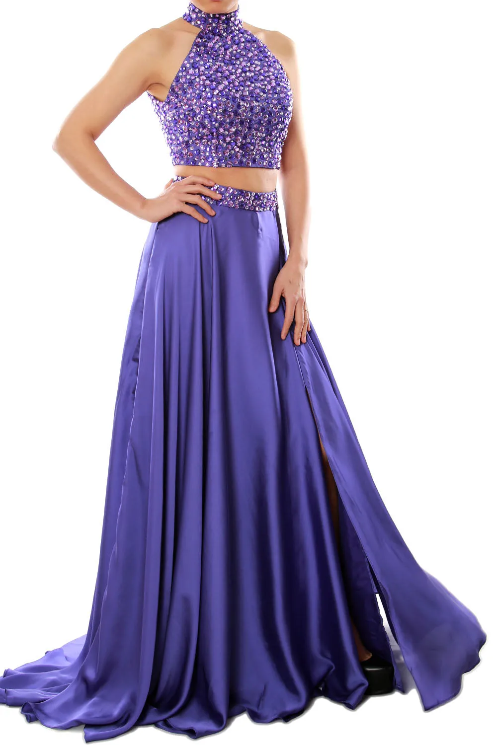 MACloth Women Two Piece Prom Dress High Neck Chiffon Long Formal Evening Gown