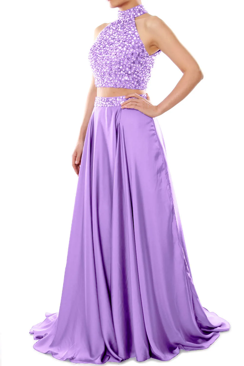 MACloth Women Two Piece Prom Dress High Neck Chiffon Long Formal Evening Gown