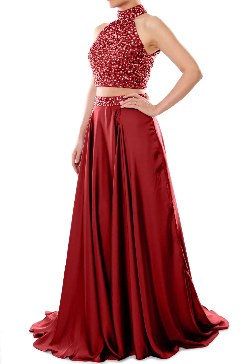 MACloth Women Two Piece Prom Dress High Neck Chiffon Long Formal Evening Gown