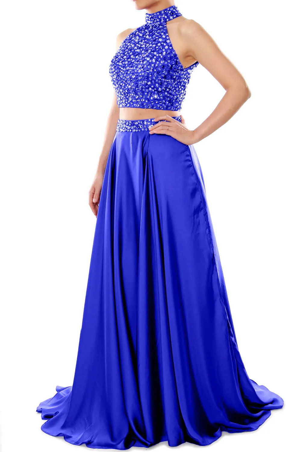 MACloth Women Two Piece Prom Dress High Neck Chiffon Long Formal Evening Gown