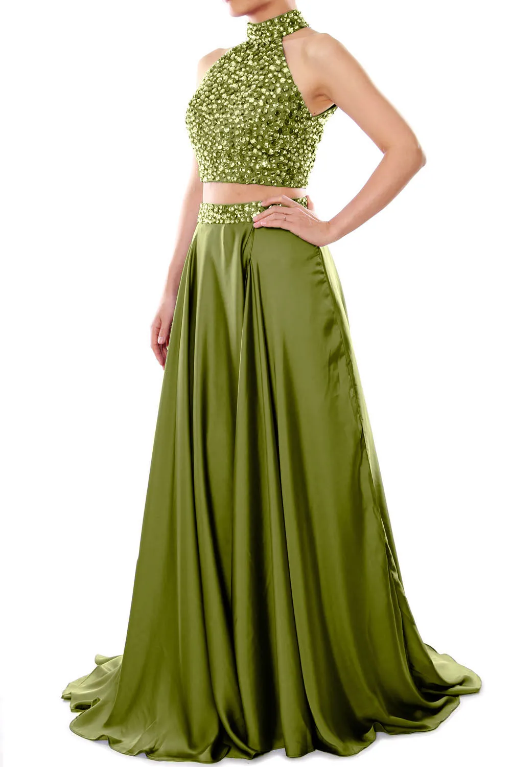 MACloth Women Two Piece Prom Dress High Neck Chiffon Long Formal Evening Gown