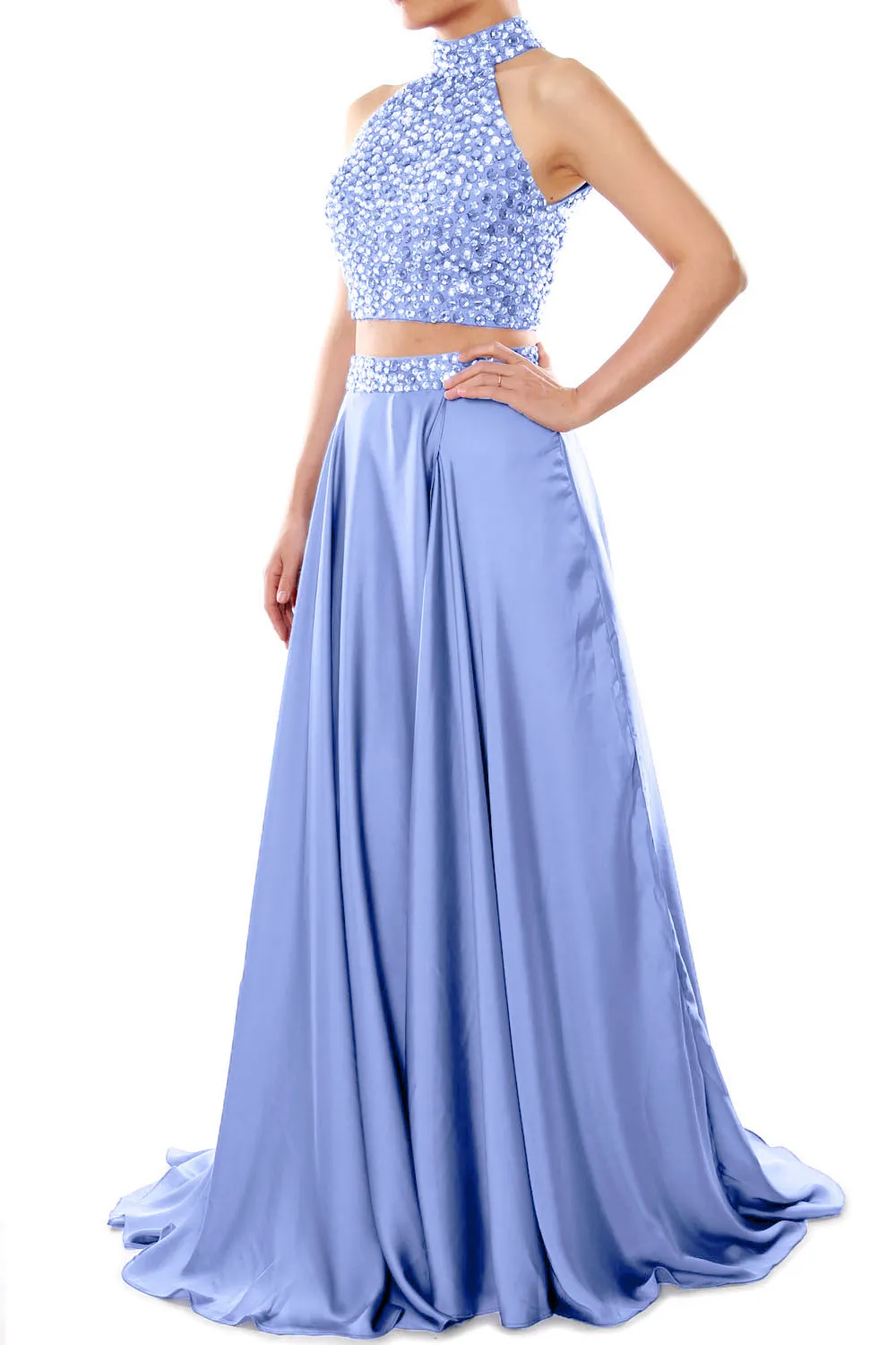 MACloth Women Two Piece Prom Dress High Neck Chiffon Long Formal Evening Gown