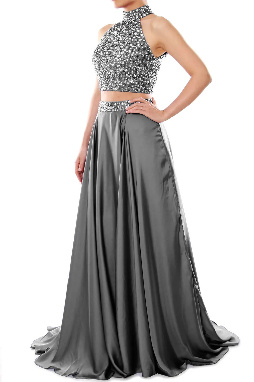MACloth Women Two Piece Prom Dress High Neck Chiffon Long Formal Evening Gown