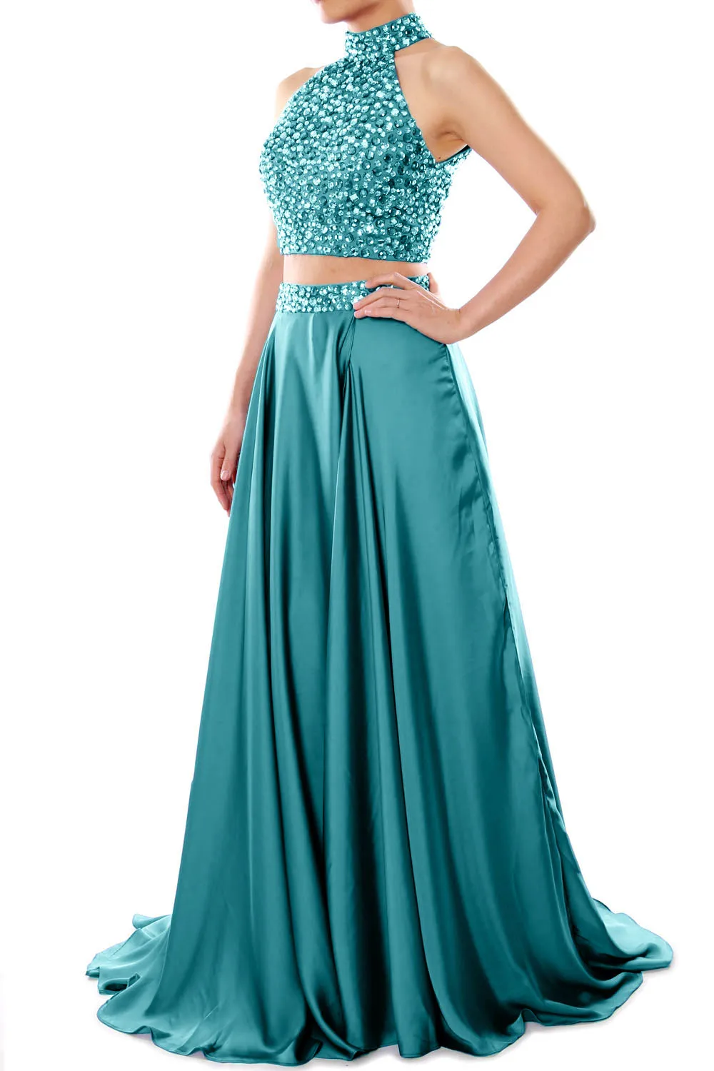 MACloth Women Two Piece Prom Dress High Neck Chiffon Long Formal Evening Gown