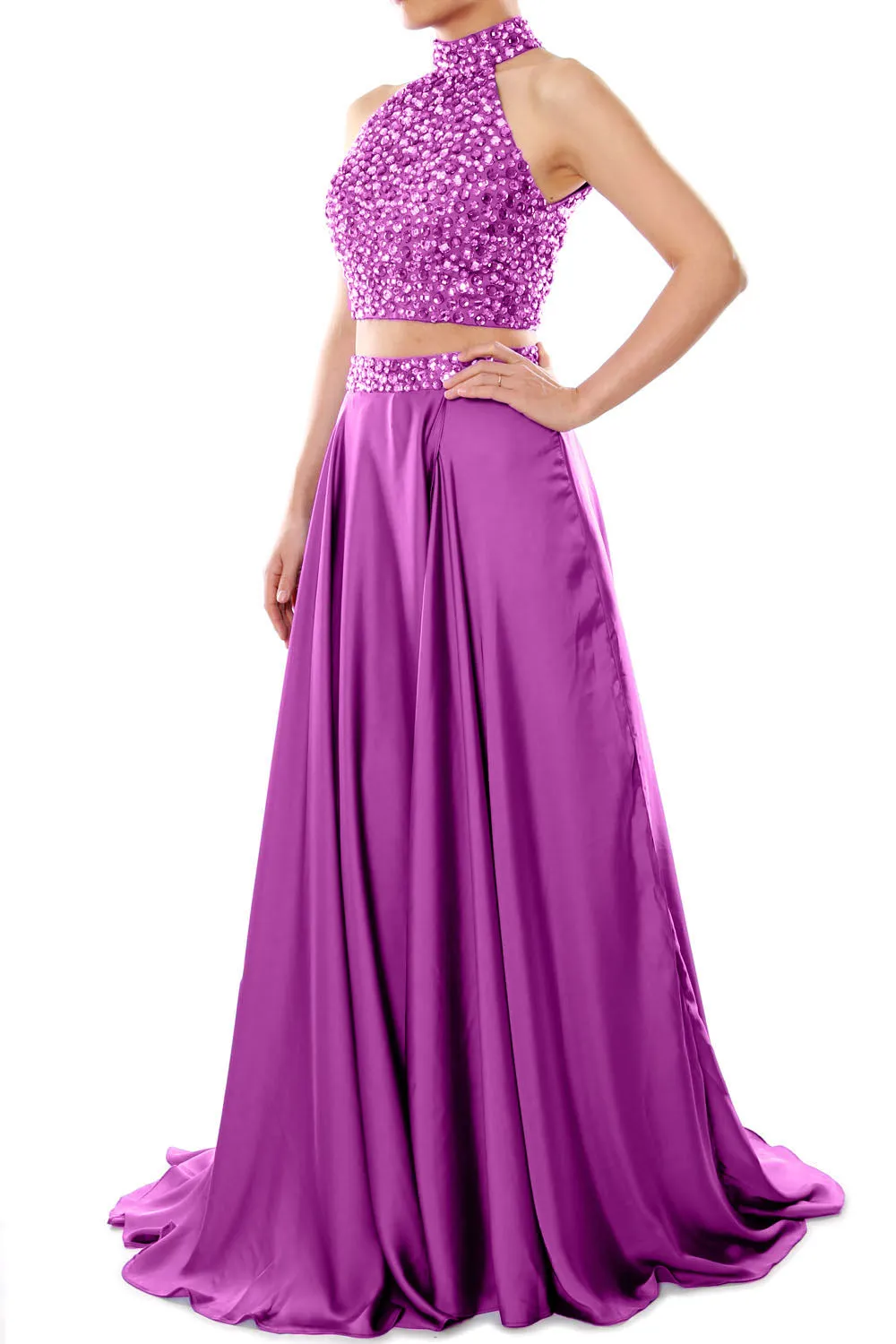 MACloth Women Two Piece Prom Dress High Neck Chiffon Long Formal Evening Gown