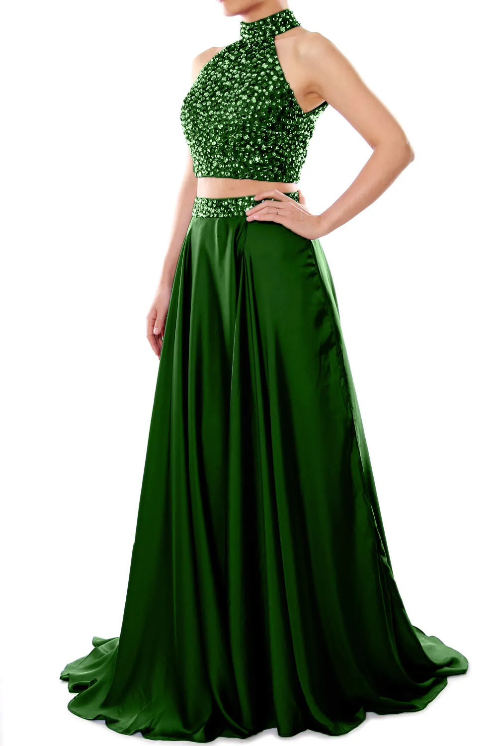 MACloth Women Two Piece Prom Dress High Neck Chiffon Long Formal Evening Gown
