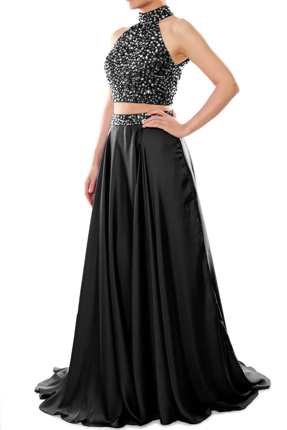 MACloth Women Two Piece Prom Dress High Neck Chiffon Long Formal Evening Gown