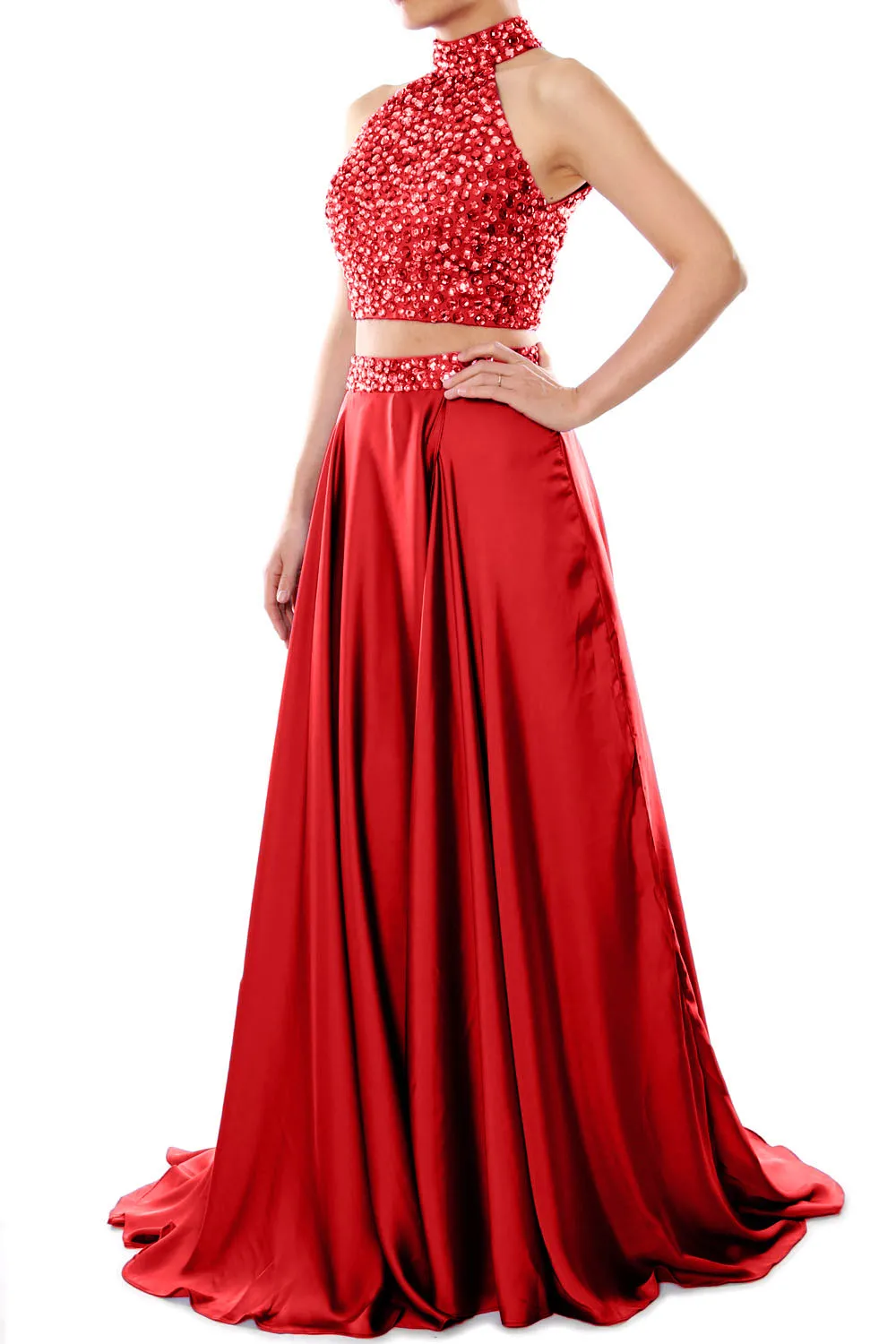 MACloth Women Two Piece Prom Dress High Neck Chiffon Long Formal Evening Gown
