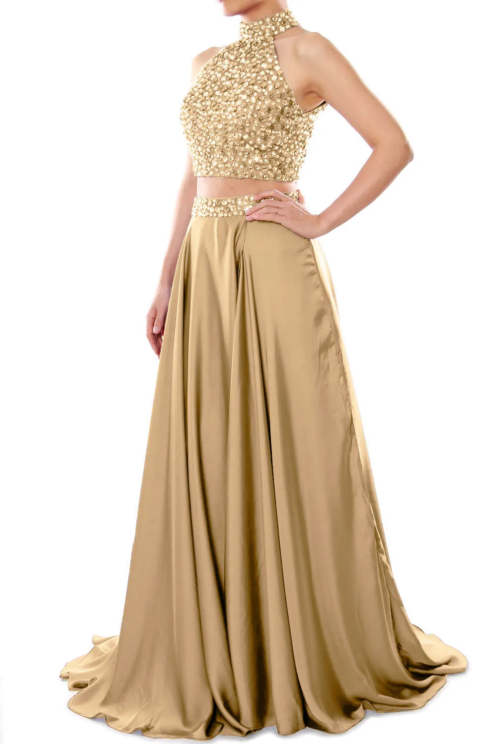MACloth Women Two Piece Prom Dress High Neck Chiffon Long Formal Evening Gown