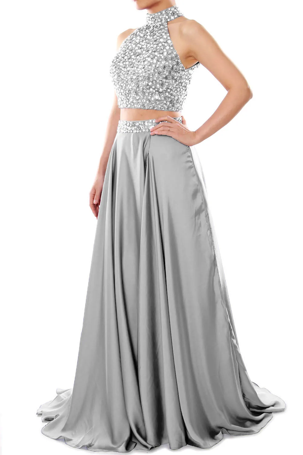 MACloth Women Two Piece Prom Dress High Neck Chiffon Long Formal Evening Gown