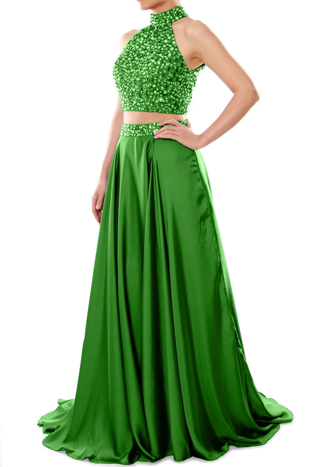MACloth Women Two Piece Prom Dress High Neck Chiffon Long Formal Evening Gown