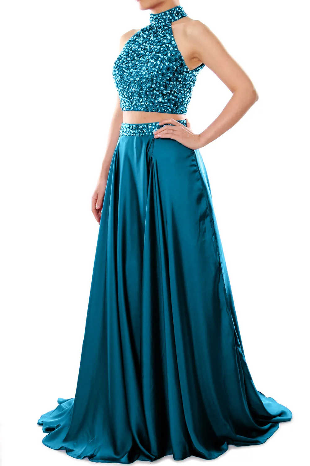MACloth Women Two Piece Prom Dress High Neck Chiffon Long Formal Evening Gown