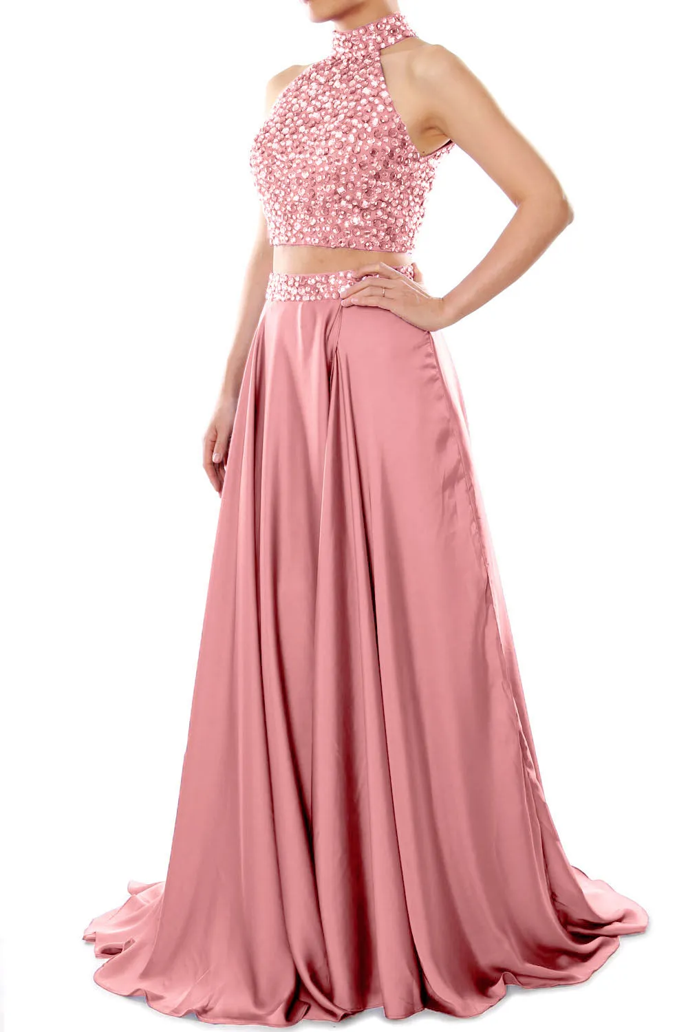MACloth Women Two Piece Prom Dress High Neck Chiffon Long Formal Evening Gown