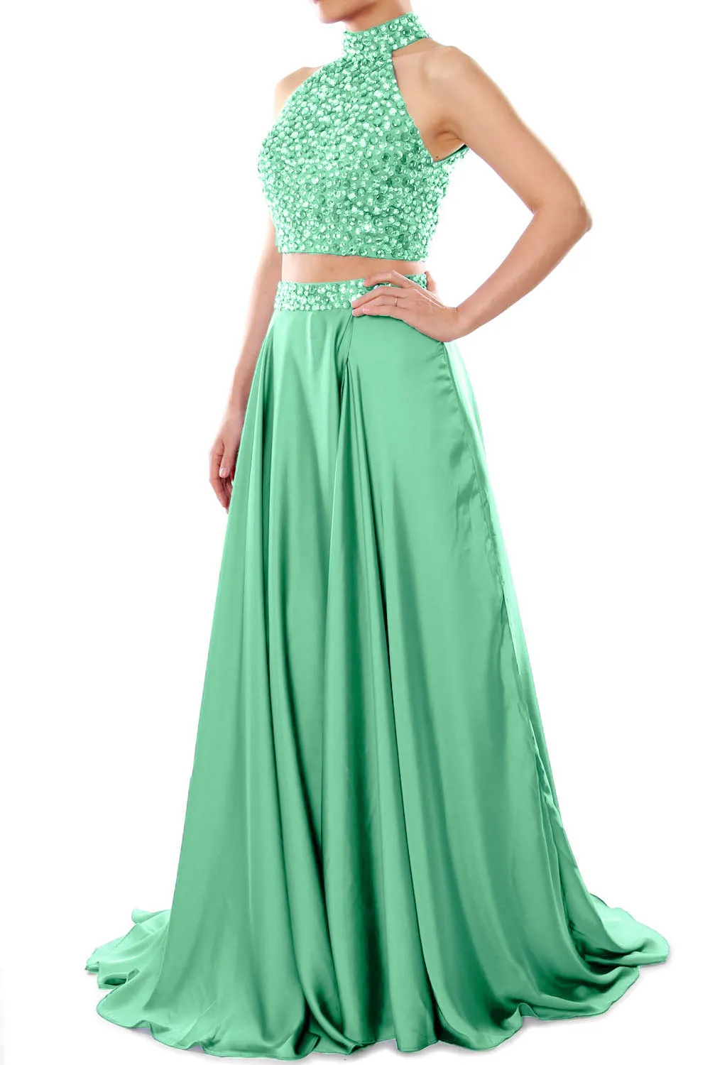 MACloth Women Two Piece Prom Dress High Neck Chiffon Long Formal Evening Gown