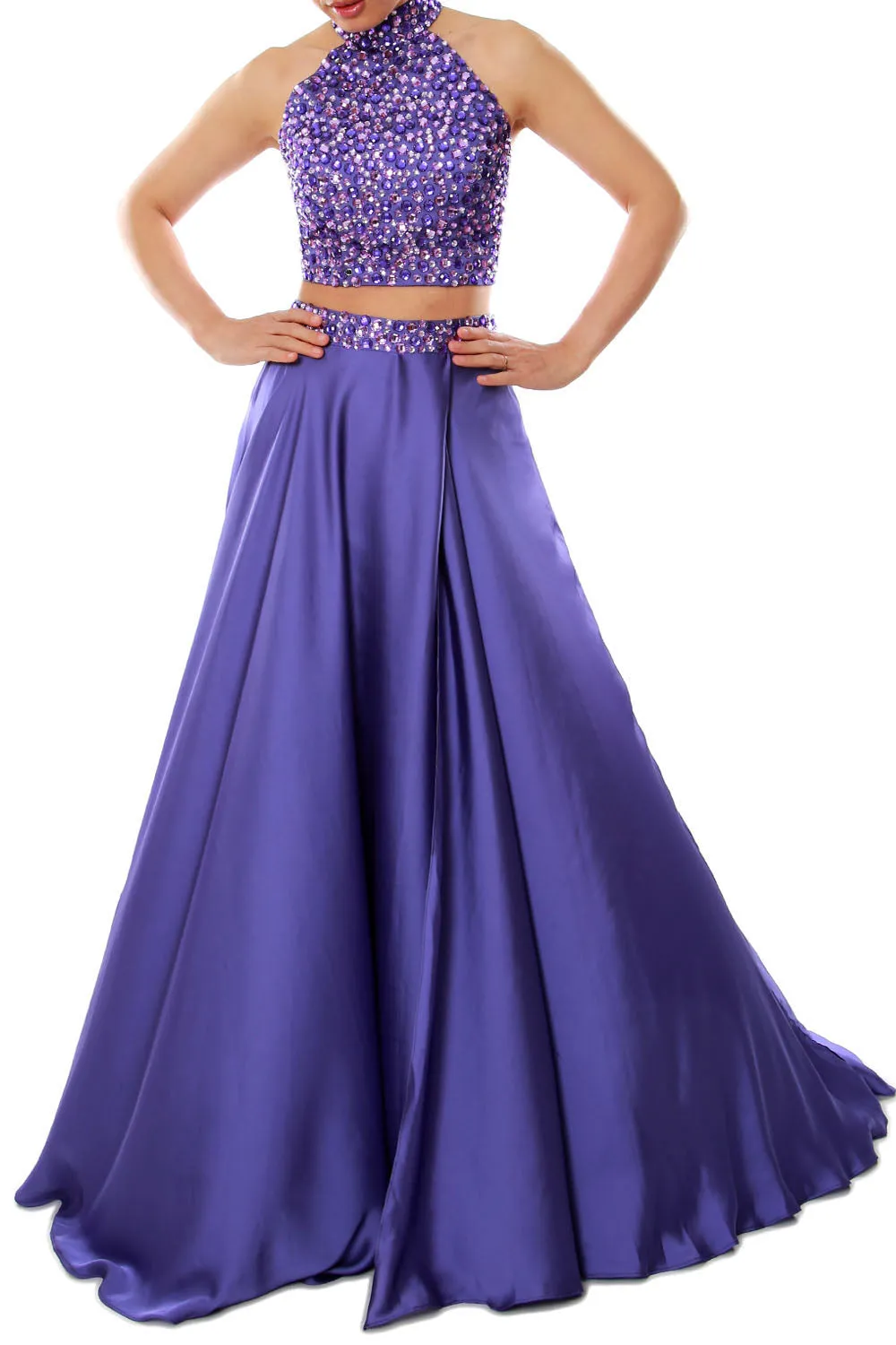MACloth Women Two Piece Prom Dress High Neck Chiffon Long Formal Evening Gown
