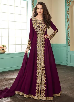 Magenta Slit Style Embroidered Anarkali Suit
