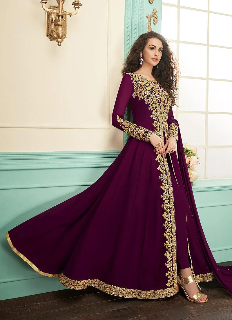Magenta Slit Style Embroidered Anarkali Suit