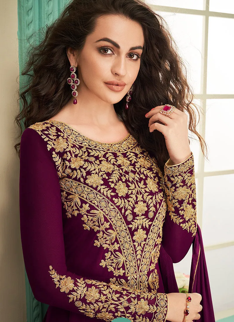 Magenta Slit Style Embroidered Anarkali Suit