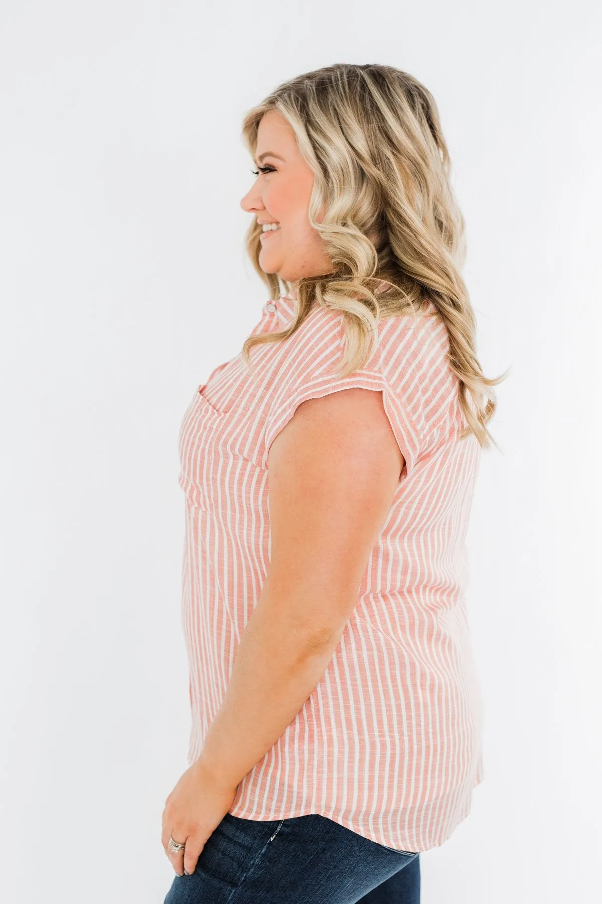 Make Living Fun Striped Button Top- Peach