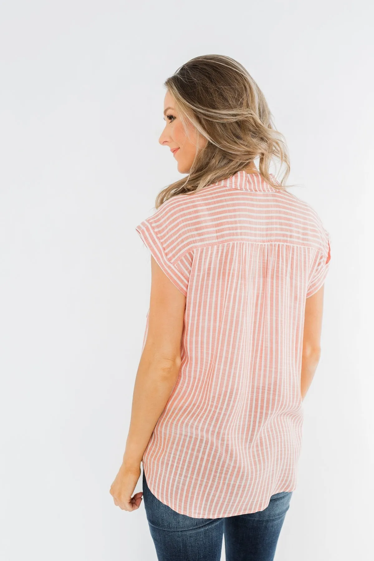 Make Living Fun Striped Button Top- Peach