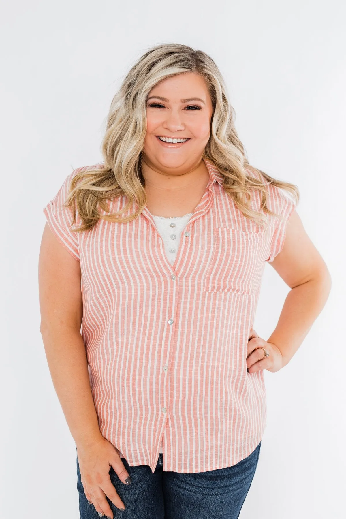 Make Living Fun Striped Button Top- Peach