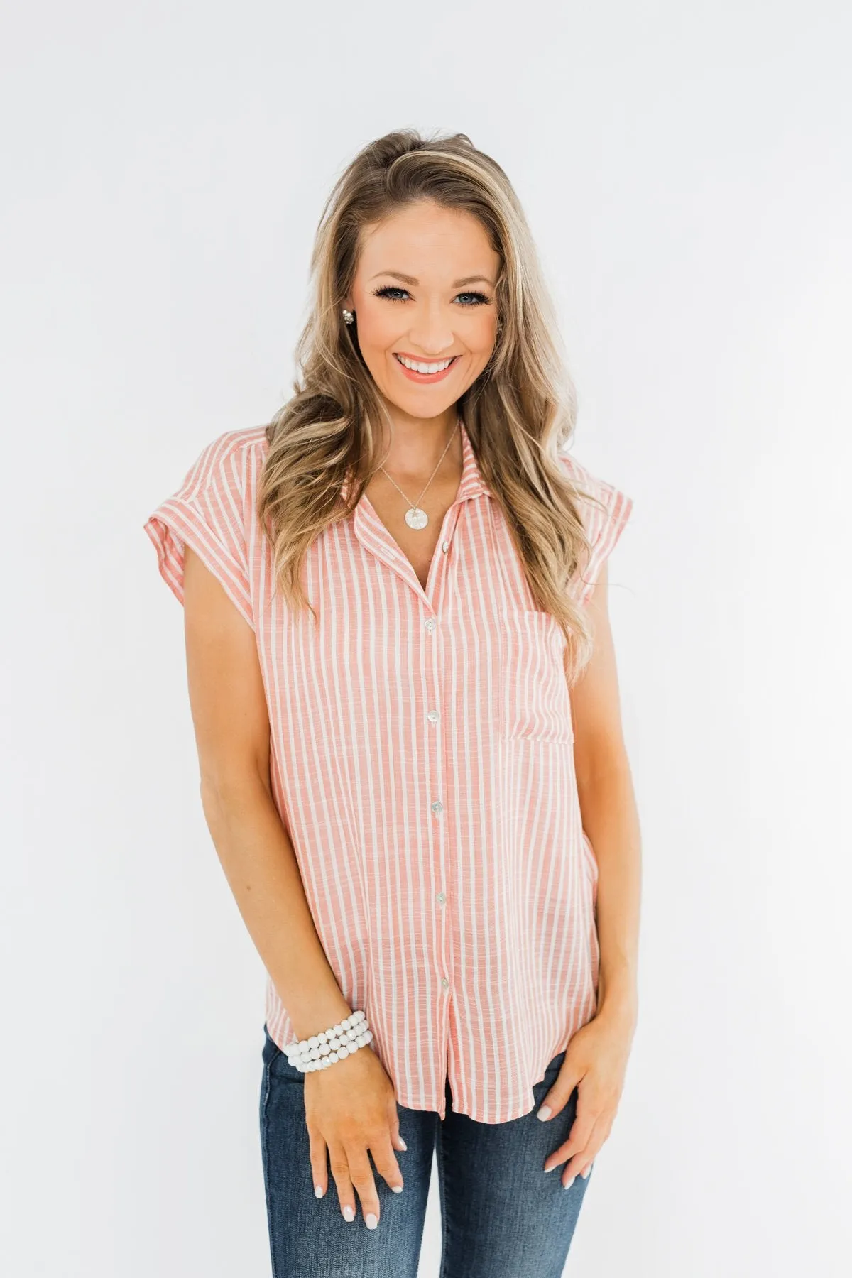 Make Living Fun Striped Button Top- Peach